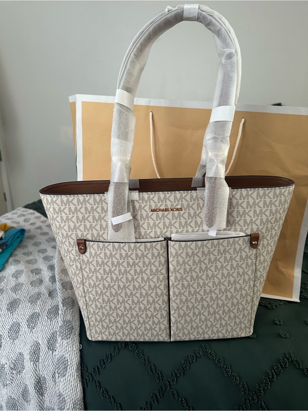 Michael Kors Cream & Brown Signature Tote with Gold Logo